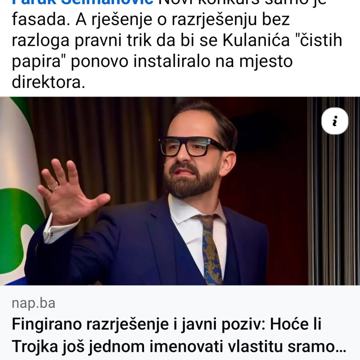 DEMANTI NA OBJAVU NOVINSKE AGENCIJE PATRIA OD 13.07.2025.Povodom članka: “Fingirano razrješenje i javni poziv: Hoće li Trojka još jednom imenovati vlastitu&nbsp;sramotu?”